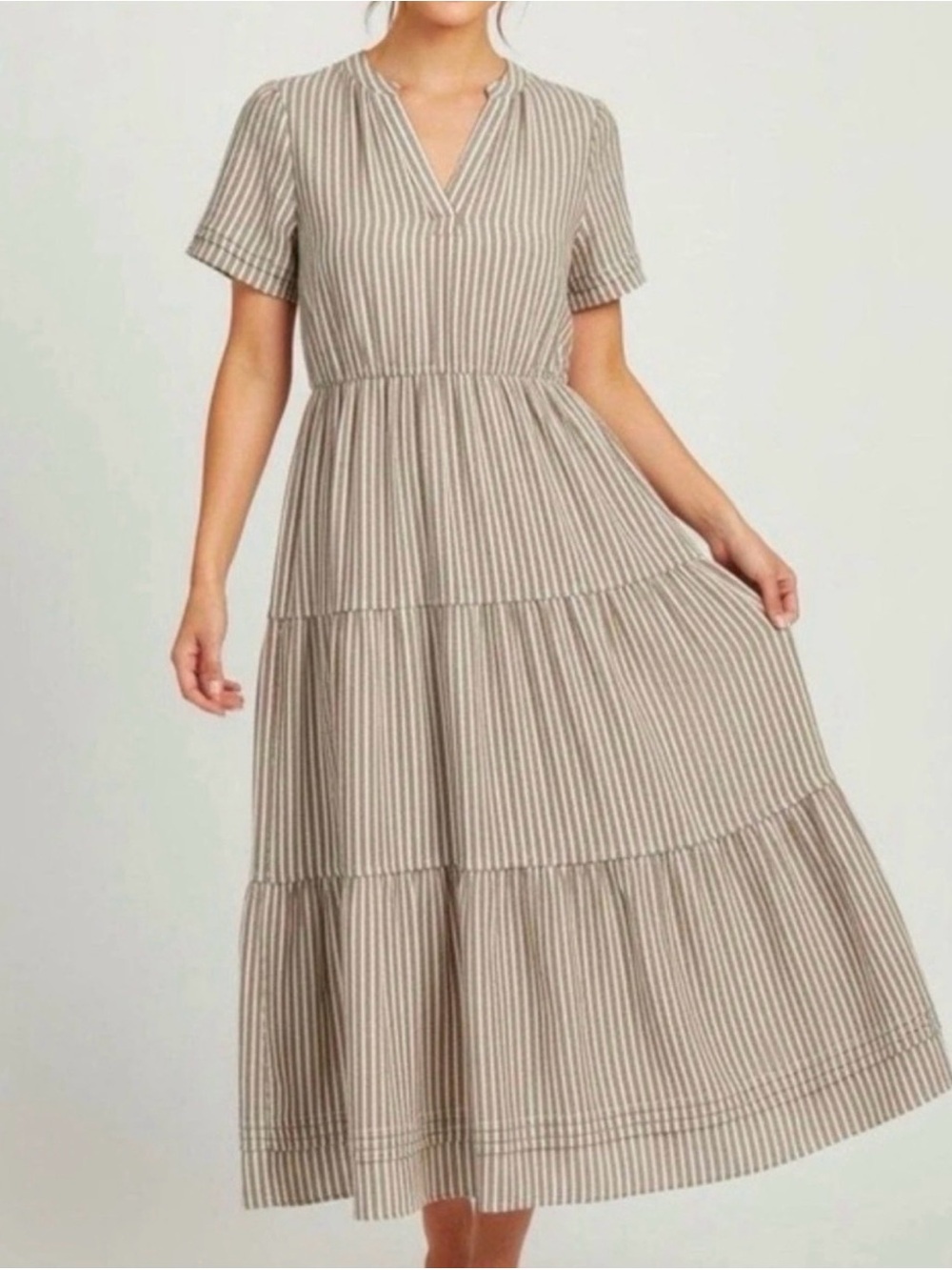Cynthia Rowley Beige and White Striped Tiered Maxi Linen Dress - Picture 3 of 8